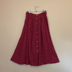 Vintage L.L. Bean red flower maxi skirt button front with pockets and belt loops
